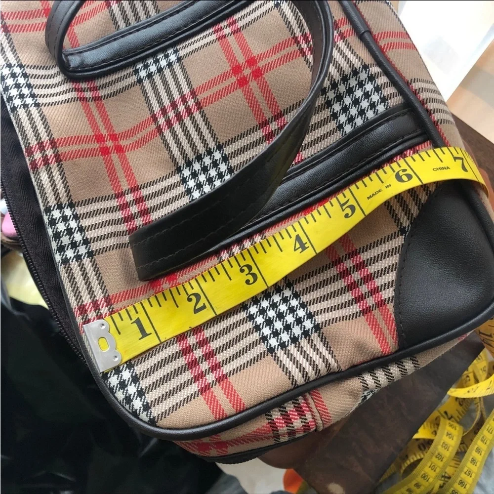 Brown red houndstooth plaid satchel tote hobo messenger mini suitcase bag purse